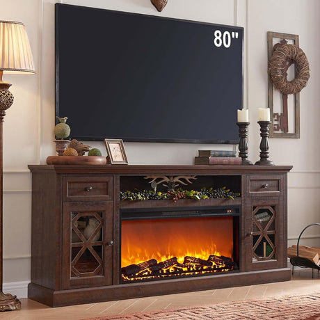 IFGET Farmhouse Fireplace TV Stand with 36" Electric Fireplace for 80 Inch TVs, 31" Tall Entertainment Center w/Drawer & Diamond Panel Door, Highboy Media Console for Living Room, 70inch, Brown IFGET