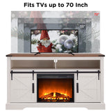 OKD Fireplace TV Stand for 65+ Inch TV, 33" Tall Highboy Farmhouse Entertainment Center w/ 23'' Electric Fireplace, Rustic Media Console w/Sliding Barn Door for Living Room, Antique White OKD