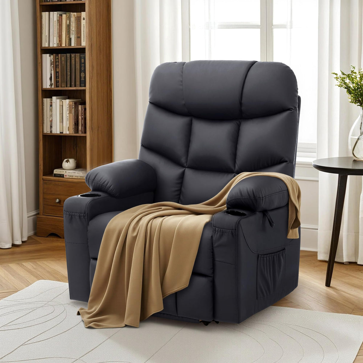 MCombo Power Lift Recliner Chair with Extended Footrest for Elderly People, Faux Leather 7287 (Black, Medium) MCombo