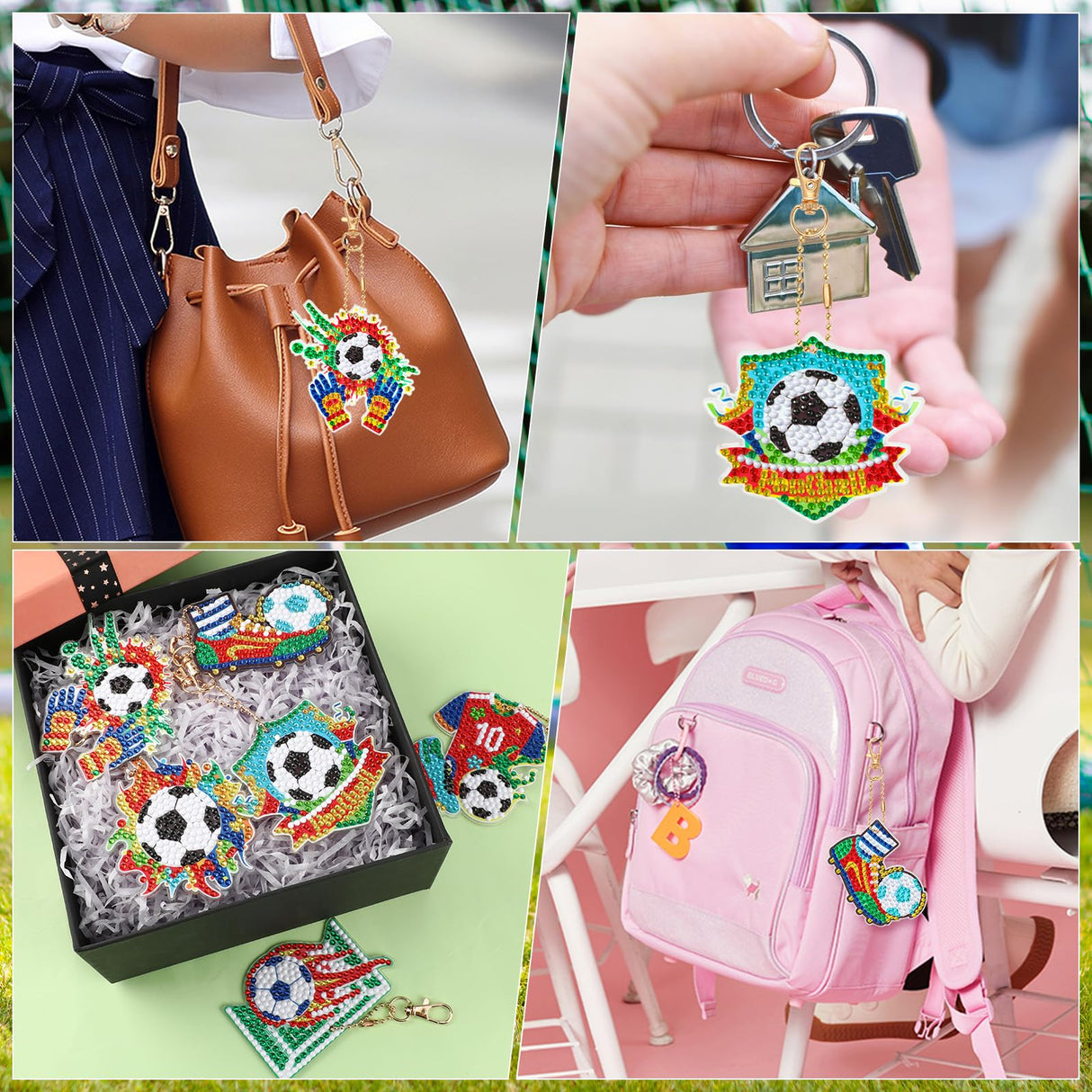 JSRQT 5D DIY Football Diamond Art Painting Keyrings Kit, Double-Sided Diamond Pasted Painting Keychians for Adult Kids, Rhinestone Mosaic Craft Painting Pendant for Handbag Backpack Party Decoration JSRQT