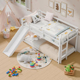 MU Twin Bunk Bed with Slide, Wood Low Bunk Bed Frame with Climbing Ladder & Safety Guard Rail, Floor Loft Bed with Lower Storage Space for Kids Toddler, White MU