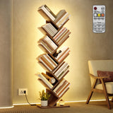 Hoctieon 10 Tier Tree Bookshelf, Tall Bookcase, Freestanding Book Shelf with LED Lights, Display Floor Standing Storage Shelf, Book Organizer Shelves for Home Office, Living Room, Rustic Brown Hoctieon