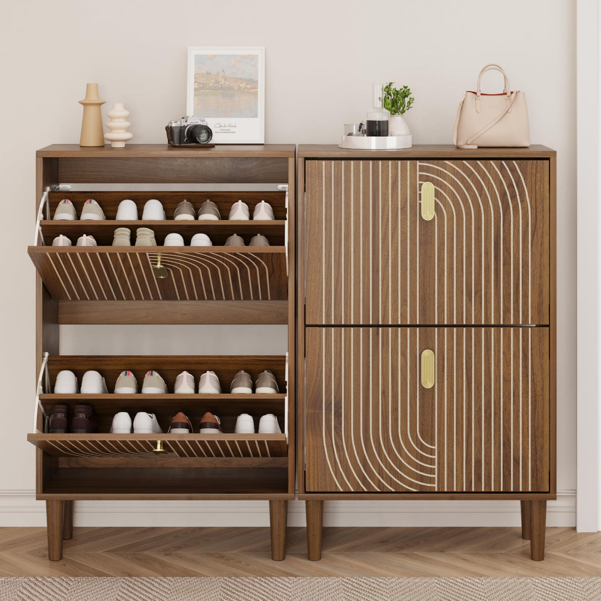 Smuxee Shoe Cabinet with 2 Flip Drawers, 23.6" Walnut Hidden Shoe Storage Cabinet with Line Groove Design, Freestanding Shoe Organizer Cabinet for Entryway, Hallway, Living Room Smuxee