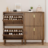 Smuxee Shoe Cabinet with 2 Flip Drawers, 23.6" Walnut Hidden Shoe Storage Cabinet with Line Groove Design, Freestanding Shoe Organizer Cabinet for Entryway, Hallway, Living Room Smuxee