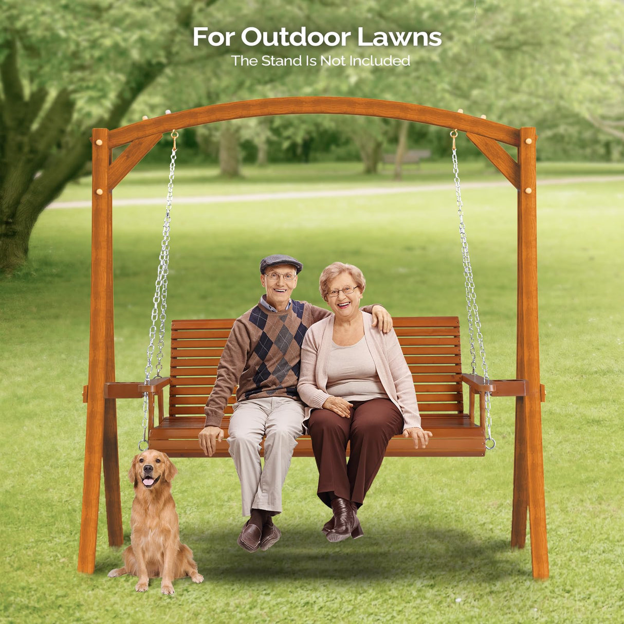 VINGLI XL Size Patio Wooden Porch Swing Outdoor with Cup Holders & Phone Slots, Heavy Duty 880 LBS Hanging Swing Chair Bench with Hanging Chains for Yard, Lawn, Garden (5 FT Pro, Brown) VINGLI