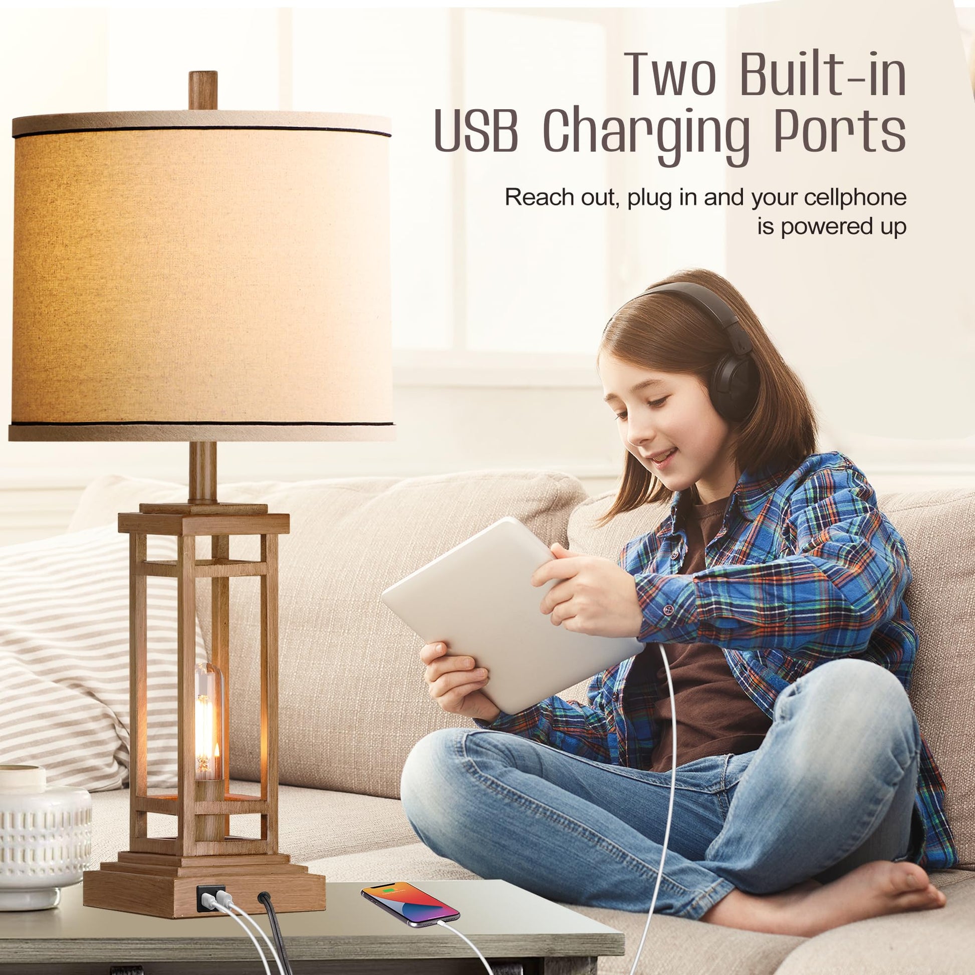 ROTTOGOON 27.5 Tall Farmhouse Table Lamps with USB C + USB A Charge Ports, Rustic Living Room Lamps Set of 2, Black Industrial End Table Lamp for Bedroom Living Room Nightstand (Wood) - WoodArtSupply