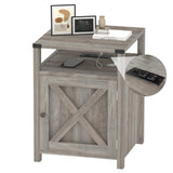 HOSEOKA Farmhouse Nightstand with Charging Station, Rustic End Table Bedroom with Storage Living Room Side Table Grey Night Stand Industrial Bedside Bed Table with USB Ports and Outlets HOSEOKA