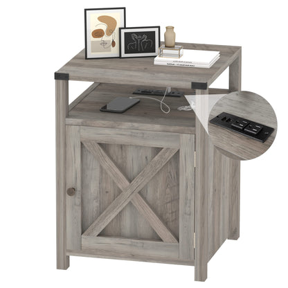 HOSEOKA Farmhouse Nightstand with Charging Station, Rustic End Table Bedroom with Storage Living Room Side Table Grey Night Stand Industrial Bedside Bed Table with USB Ports and Outlets - WoodArtSupply