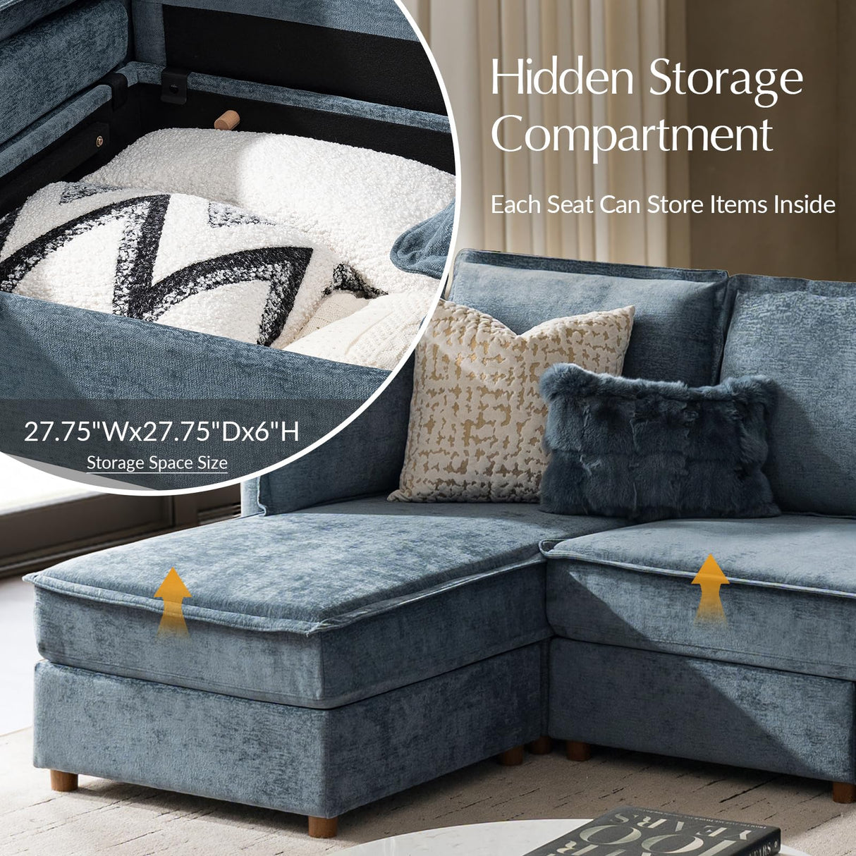 HULALA HOME 129'' Modular Sectional Sofa with Chaise, Oversized U Shaped Sofa with Hidden Storage Compartment, Comfy Cloud Couch with Extra-Wide Seat, Tool-Free Assembly, Blue HULALA HOME