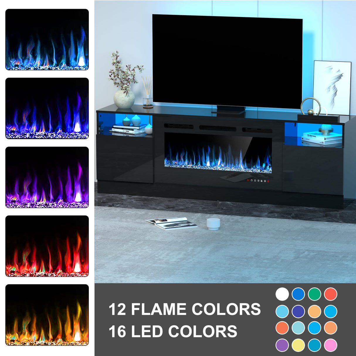 OUTGUAVA Fireplace TV Stand for 80 Inch TV, TV Stand with 36" Fireplace, LED Light Entertainment Center with Storage Cabinets, Media TV Console TV Table for Living Room, Black OUTGUAVA