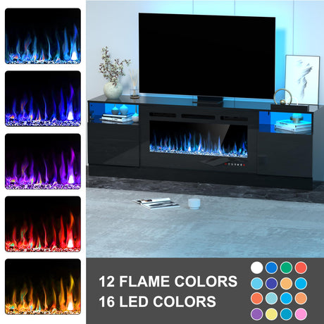 OUTGUAVA Fireplace TV Stand for 80 Inch TV, TV Stand with 36" Fireplace, LED Light Entertainment Center with Storage Cabinets, Media TV Console TV Table for Living Room, Black OUTGUAVA