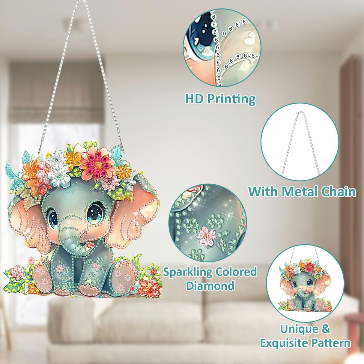 SENQAO Elephant Diamond Art Hanging Kit for Adult, Special Shaped Rhinestone, DIY Acrylic 5D Diamond Art Painting Window Pendants Home Garden Wall Hanging Kits Hanging Ornament SENQAO