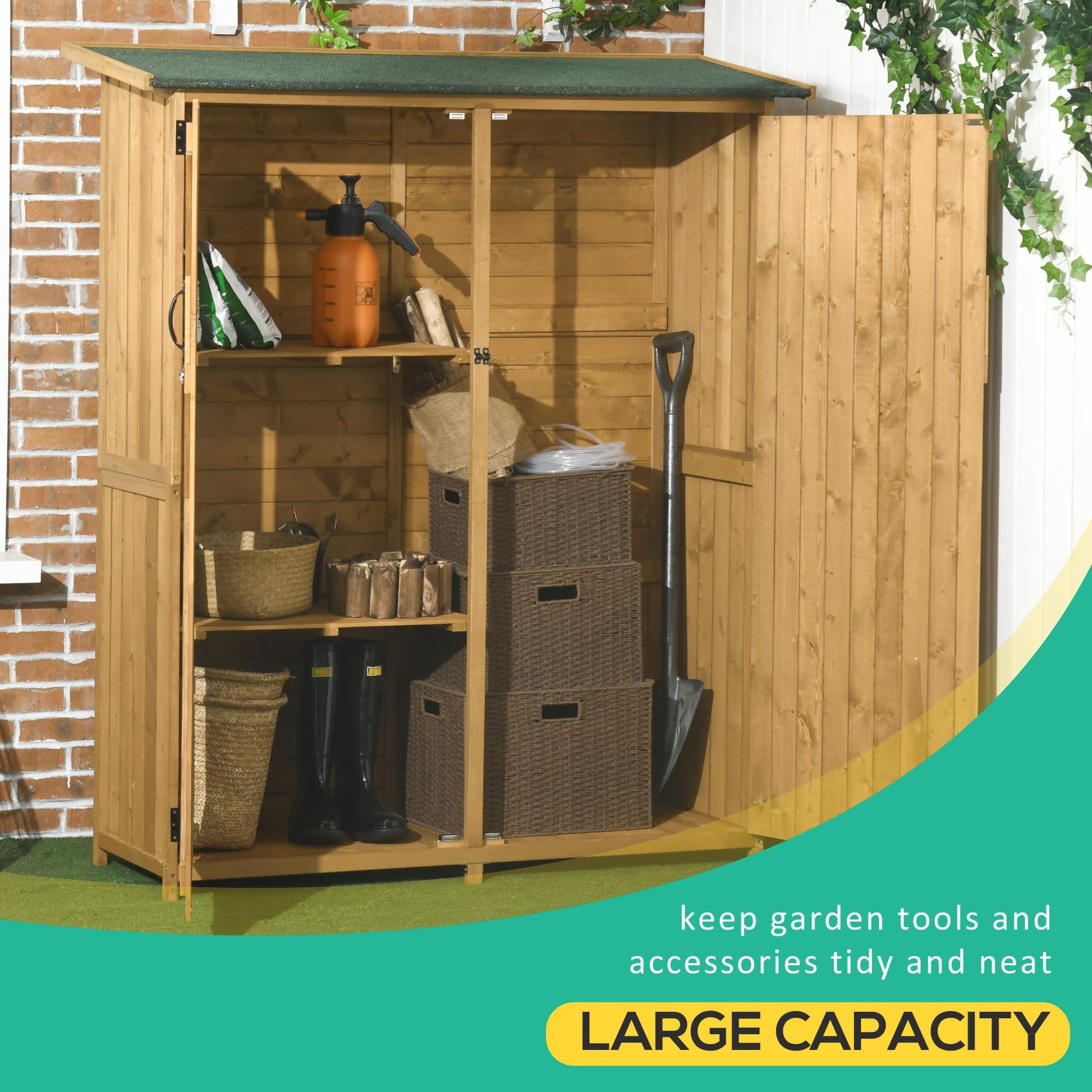 Outsunny Outdoor Storage Cabinet Wooden Garden Shed Utility Tool Organizer with Waterproof Asphalt Rood, Lockable Doors, 3 Tier Shelves for Lawn, Backyard, Natural - WoodArtSupply