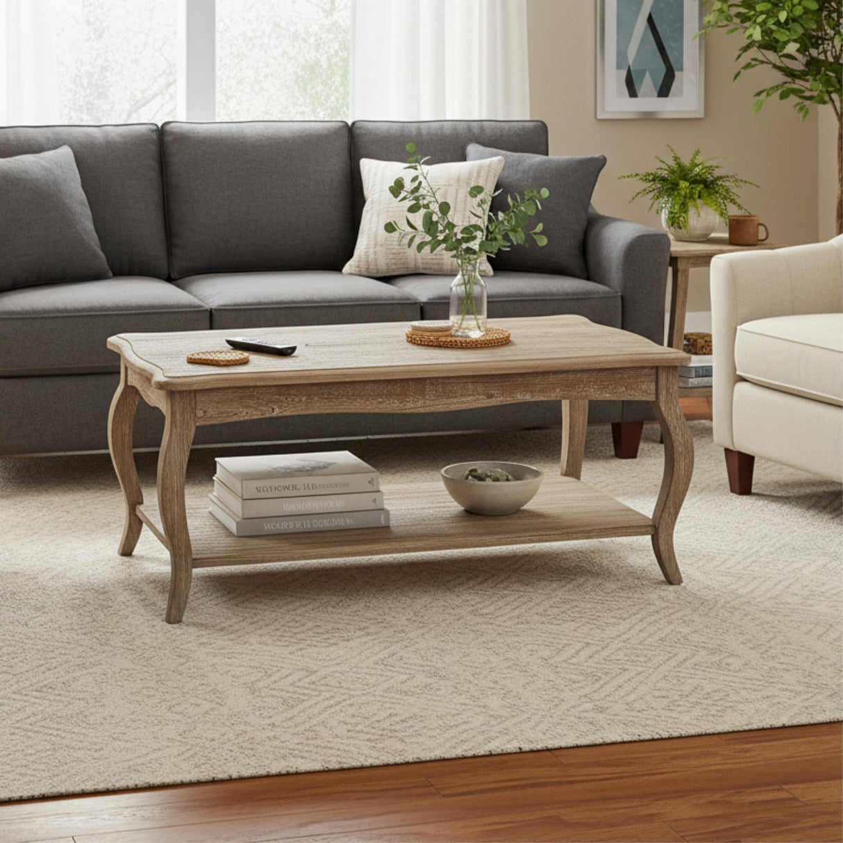 Alaterre Furniture Austerity 42-Inch Rustic Coffee Table with Open Shelf, Curved Legs, and Scalloped Edge - Easy Assembly Reclaimed Wood Living Room Table - Farmhouse Furniture (Driftwood Finish) Alaterre Furniture