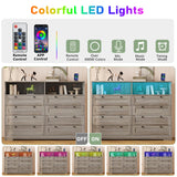 Patikuin Dresser with 8 Drawers, Wood Bedroom Dresser with Charging Station & LED Lights, Modern Dressers & Chest of Drawers for Bedroom, Living Room, Hallway, Entryway, Antique Light Color Patikuin