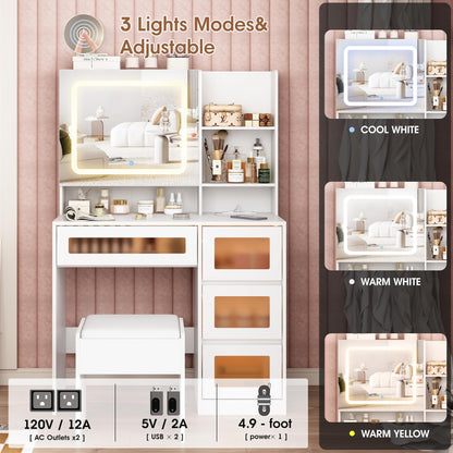 Makeup Vanity Desk with Sliding Mirror and Lights, 4 Drawers & Charging Station, LED Light, Vanity Table with Adjustable Brightness & 3 Colour Light Modes, Dresser Desk and Cushioned Stool Se - WoodArtSupply