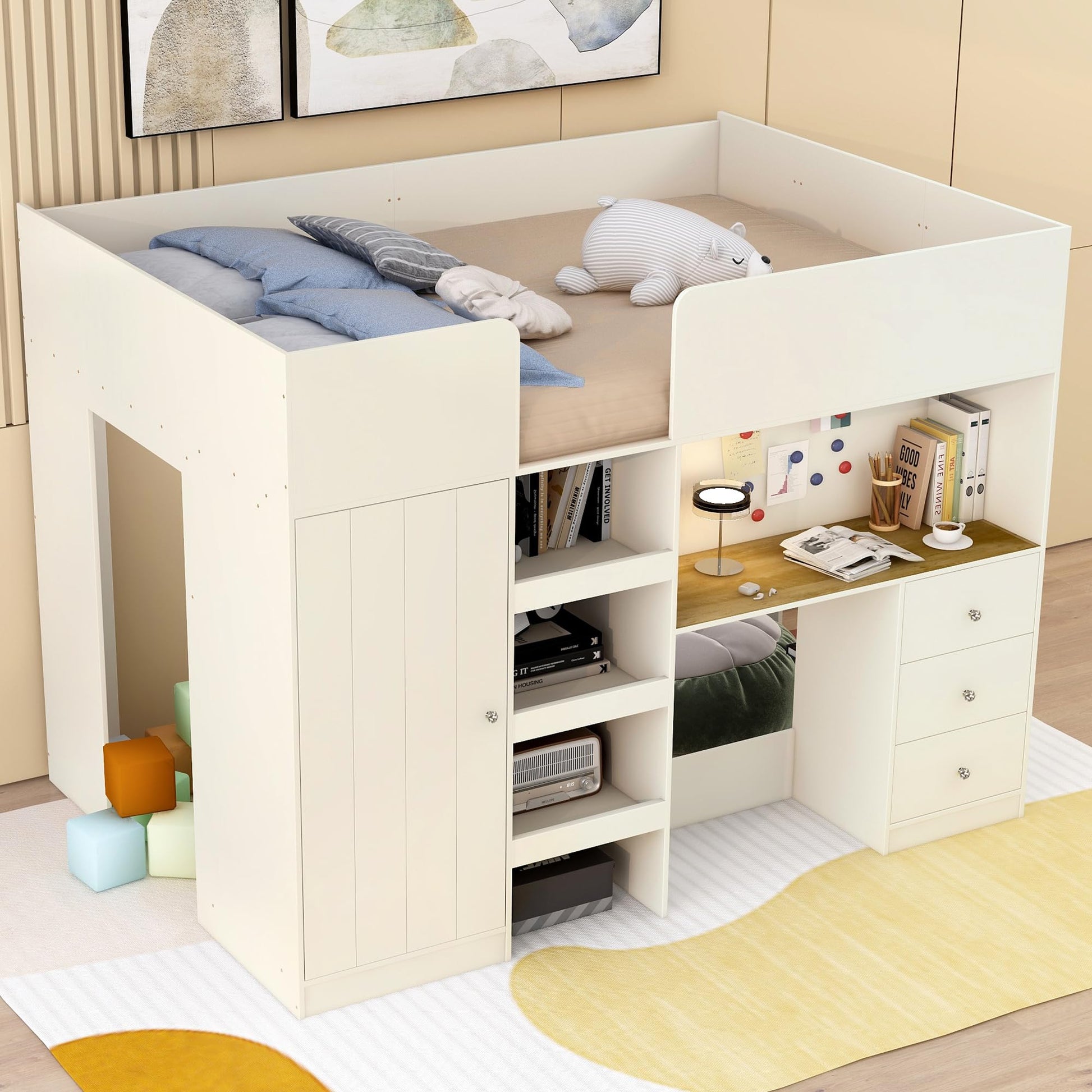 Full Size Loft Bed with Desk and Wardrobe by Harper & Bright Designs in Beige - WoodArtSupply