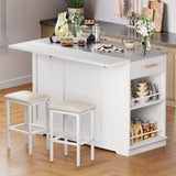 YITAHOME Kitchen Islands with Seating, 47" Mobile Storage Island with Drop Leaf, Rolling Island Table with Tilt Out Trash Can Cabinet, Home Bar Table Include 2 Chairs, Side Spice Rack & Drawer, White YITAHOME