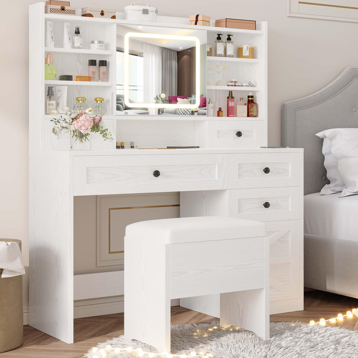 IRONCK Vanity Desk with LED Lighted Mirror, Large Storage Makeup Vanity Table with 5 Drawers, Cabinet, 7 Open Shelves, Power Outlet, Storage Stool, Bedroom, White IRONCK