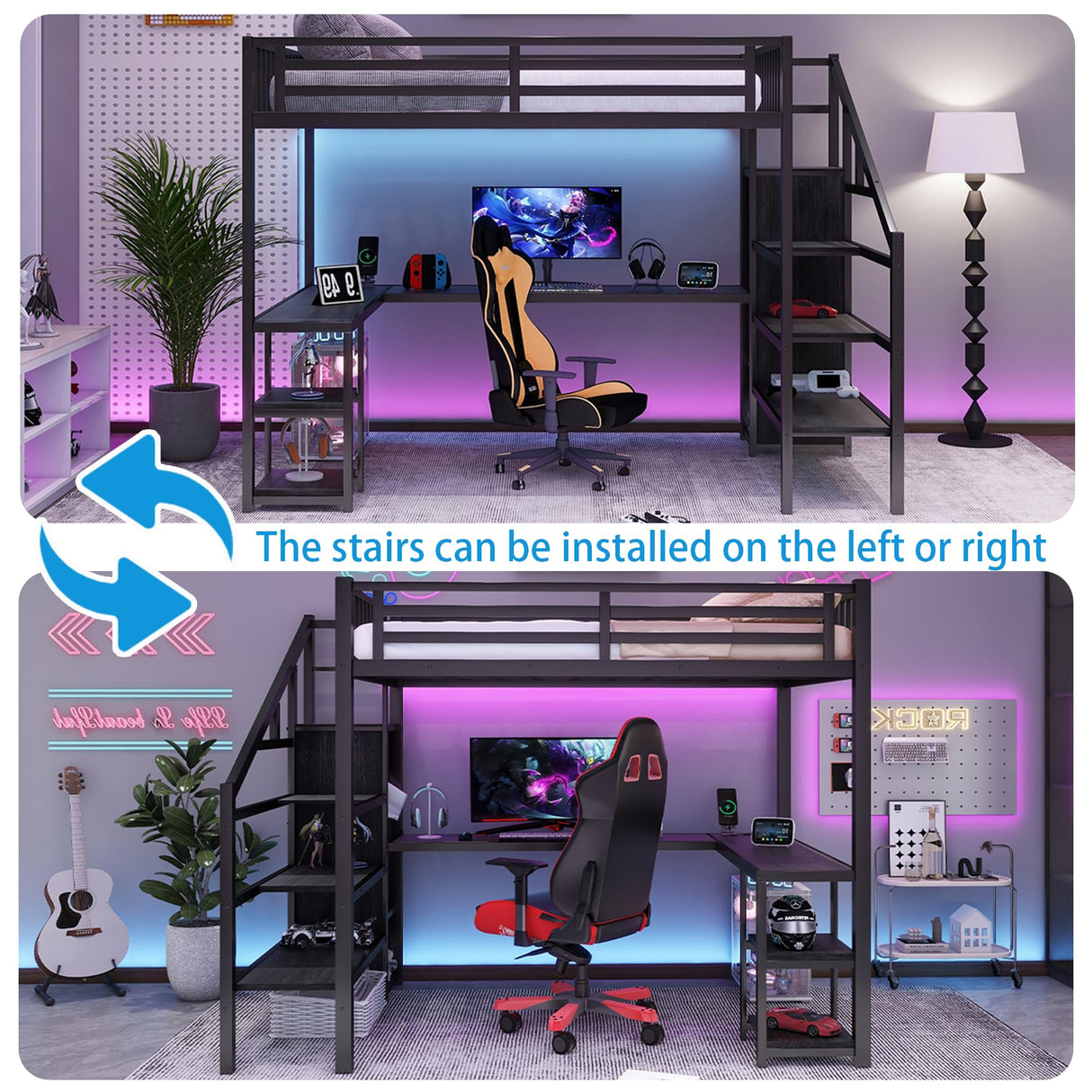 Full Size Loft Bed with Desk,Metal Heavy Duty Full LoftBed with Stairs,Wardrobe and Shelves, High Gaming Loft Beds with LED Light and USB Charging Station for Kids, Teens, Adults, Black Mirightone