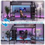 Full Size Loft Bed with Desk,Metal Heavy Duty Full LoftBed with Stairs,Wardrobe and Shelves, High Gaming Loft Beds with LED Light and USB Charging Station for Kids, Teens, Adults, Black Mirightone