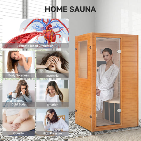 Real Relax Far Infrared Sauna Room 1 Person, Compact Hemlock Wooden Indoor Home Sauna Room with 950W 6pcs Low EMF Heating Plates Real Relax