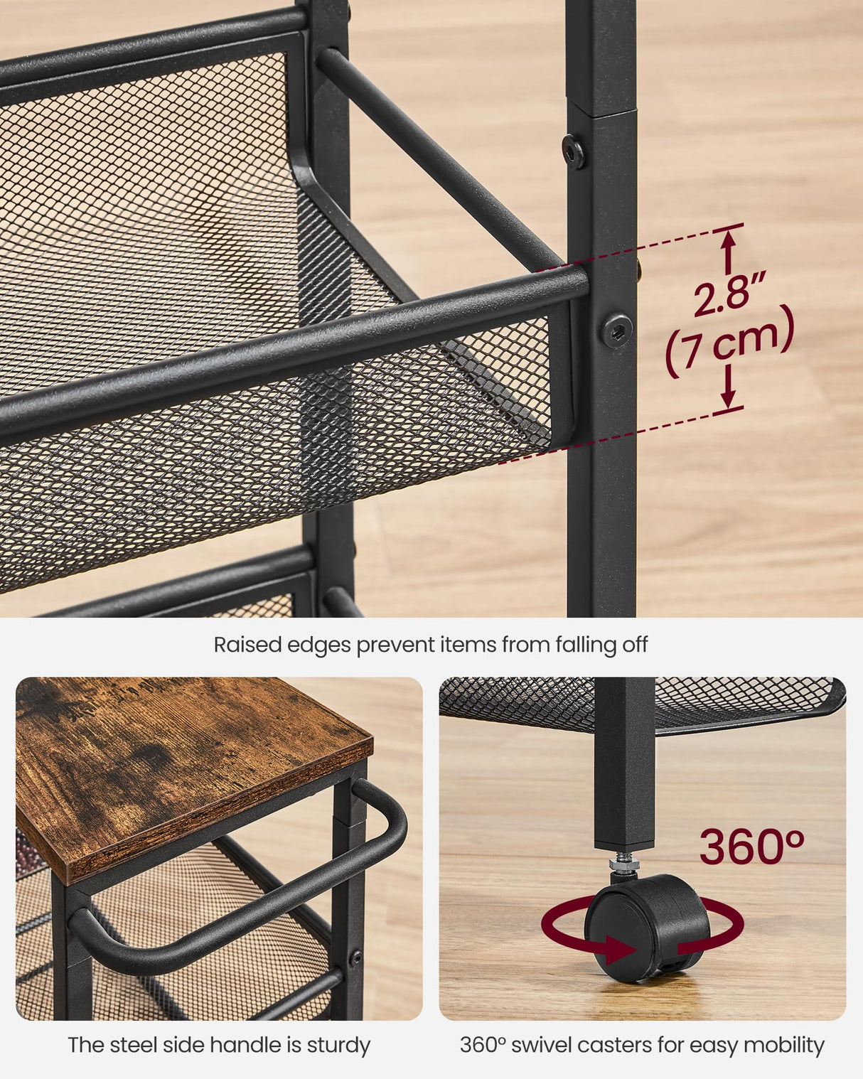 VASAGLE Slim Rolling Cart, 5-Tier Storage Cart, Narrow Cart with Handle, 8.7 Inches Deep, Metal Frame, for Kitchen, Dining Room, Living Room, Home Office, Rustic Brown and Classic Black ULRC035B01 VASAGLE