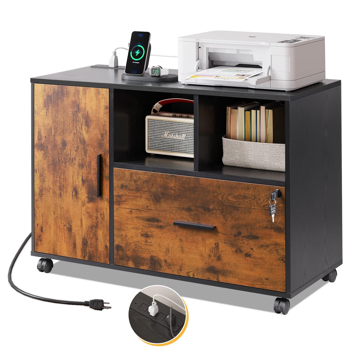 DEVAISE File Cabinet with Charging Station, 1 Drawer Rolling File Cabinet, Locking Filing Cabinet for Home Office, Printer Stand with Storage, Rustic Brown DEVAISE
