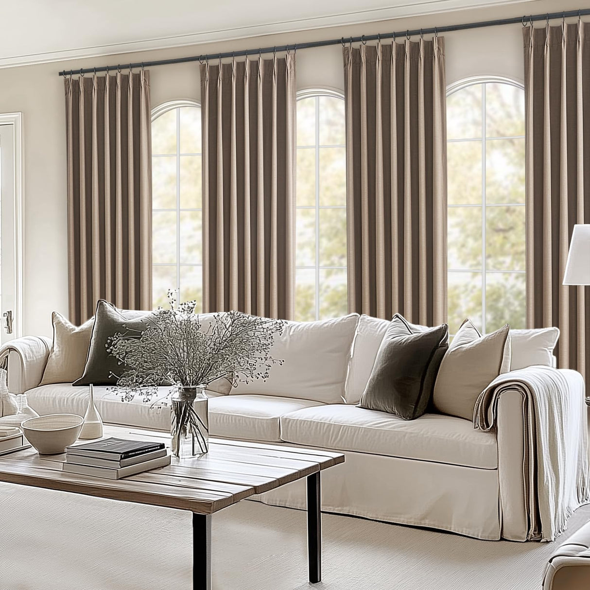 Topfinel Extra Long Total Blackout Linen Curtains 120 Inches Long for Living Room Large Window with Hooks Rings, Pinch Pleated Cold Blocking Acoustic Heavy Taupe Track Curtains 2 Panels 10 FT Topfinel