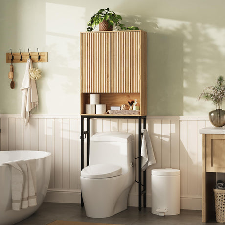 Toilet Storage Cabinet, Over The Rack Wood Cabinet with Metal Stand, Bathroom Organizer with Adjustable Shelf, Tall Freestanding Washer Shelf, Small Cupboard, Space Saver, Natural Style TROJM
