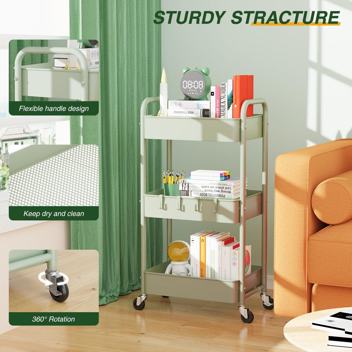 LEHOM 3 Tier Rolling Storage Cart, Metal Trolley Utility Cart with Wheels & Hooks, Easy Assembly Organizer Storage Cart for Bathroom Kitchen Office Bedroom (Green) LEHOM