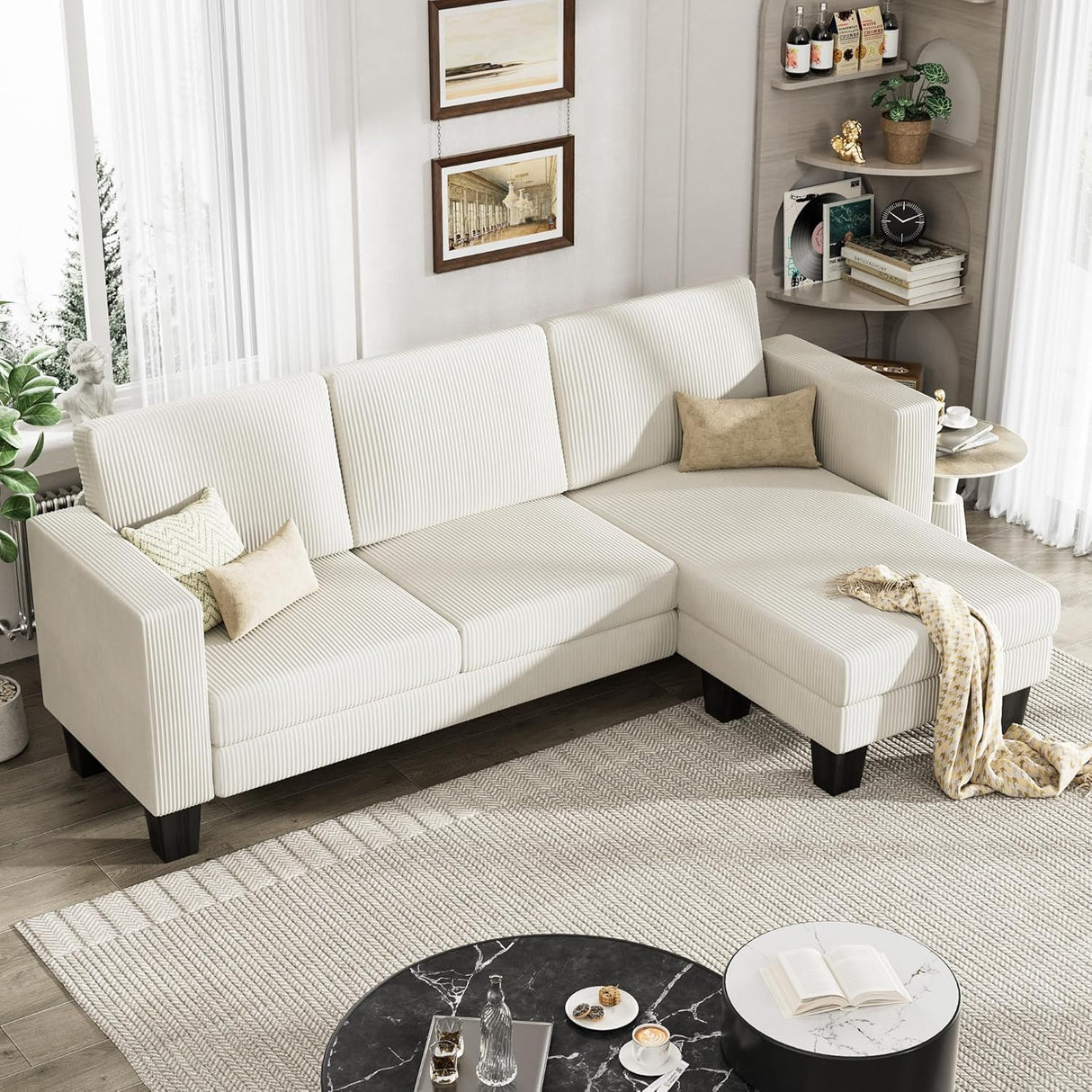 YESHOMY L-Shaped Convertible Sectional Sofa 3 Seater with Corduroy Fabric, Complete with Mobile Footrest, for Living Room, Apartment and Office, 70", Cream YESHOMY