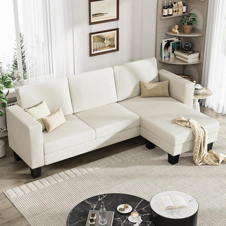 YESHOMY L-Shaped Convertible Sectional Sofa 3 Seater with Corduroy Fabric, Complete with Mobile Footrest, for Living Room, Apartment and Office, 70", Cream YESHOMY