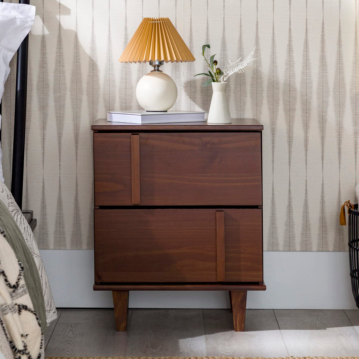Walker Edison Sprague Contemporary Detailed Drawer Solid Wood Nightstand, 20 Inch, Walnut Walker Edison