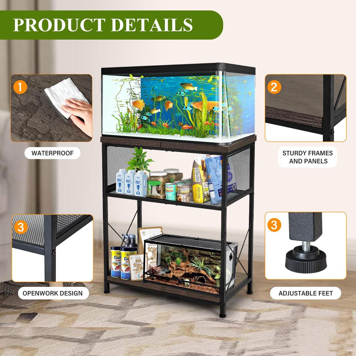 LALA IKAI Fish Tank Stand for 10-20 Gallon Aquariums Heavy Duty Adjustable Height Double Tier Steel Structure Sturdy Design Reptile Cage or Tank Storage Cabinet, Black LALA IKAI