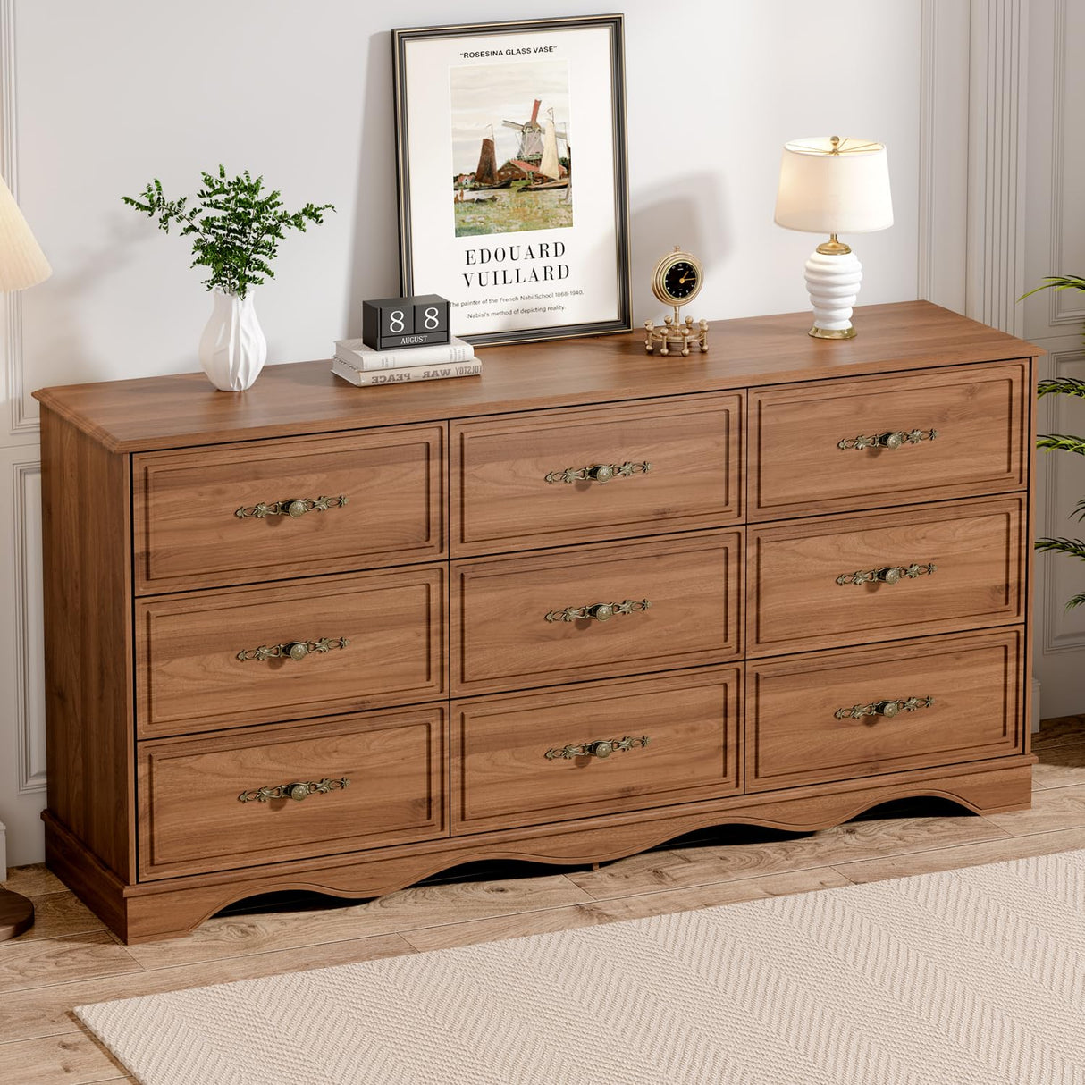 Chrangmay Dresser for Bedroom with 9 Drawers,63" Wide Modern Chest of Drawers with Metal Handle,Wooden Dresser TV Stand,Wood Closet Clothes Storage Organizer for Living Room,Hallway,Umber Chrangmay