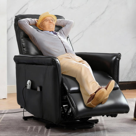 MANBUR Power Lift Recliner for Elderly with Vibration Massage and Lumbar Heat, Electric PU Leather Lift Chair, Adjustable Reclining Chair with Side Pockets,LED Light,USB Port for Small Space(Black) MANBUR