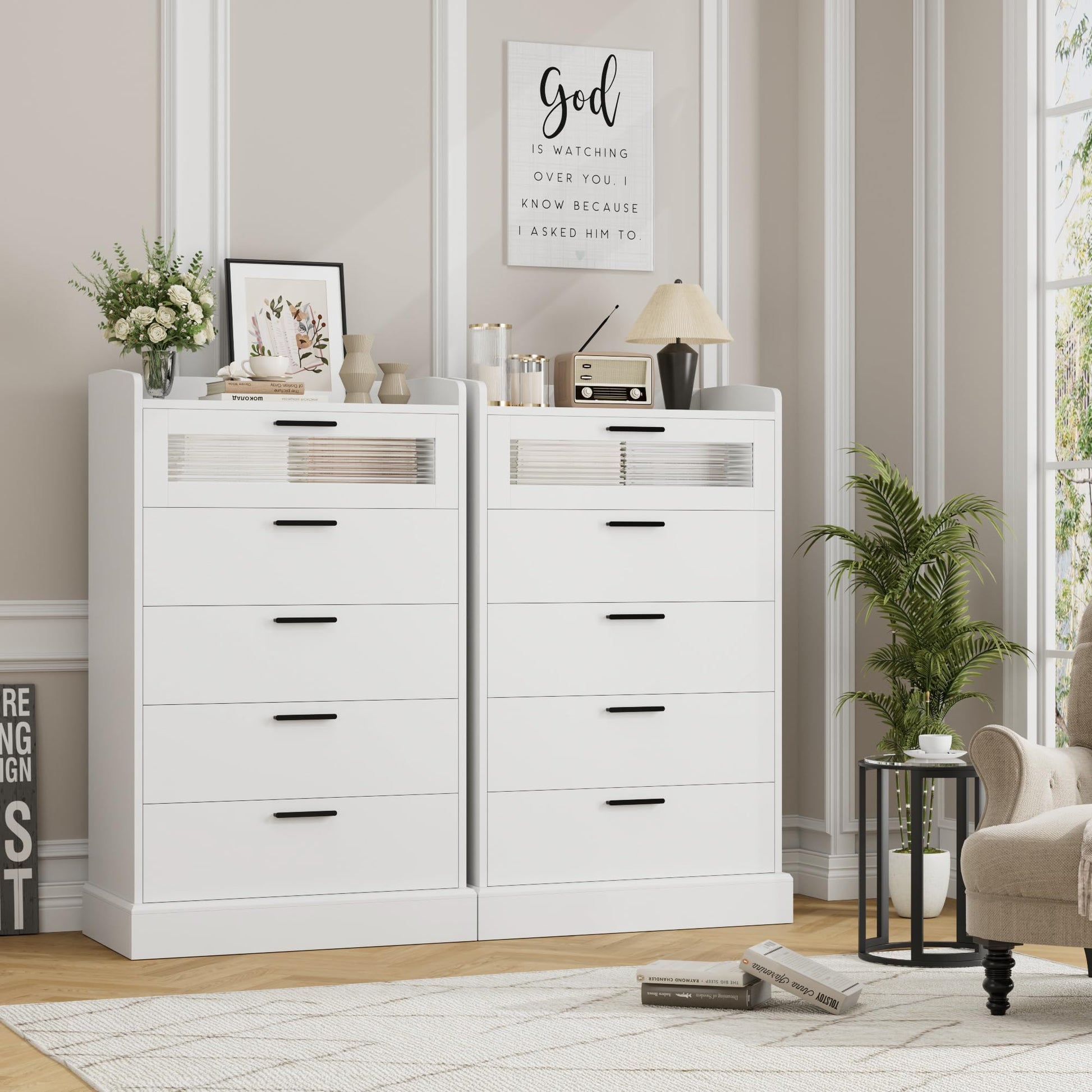 HOSTACK Modern 5 Drawer Dresser for Bedroom, Tall White Dresser Chest of Drawers with Metal Handles, Wood Dresser Storage Cabinet with Anti-Drop Fence & Fluted Glass for Living Room, Entryway - WoodArtSupply