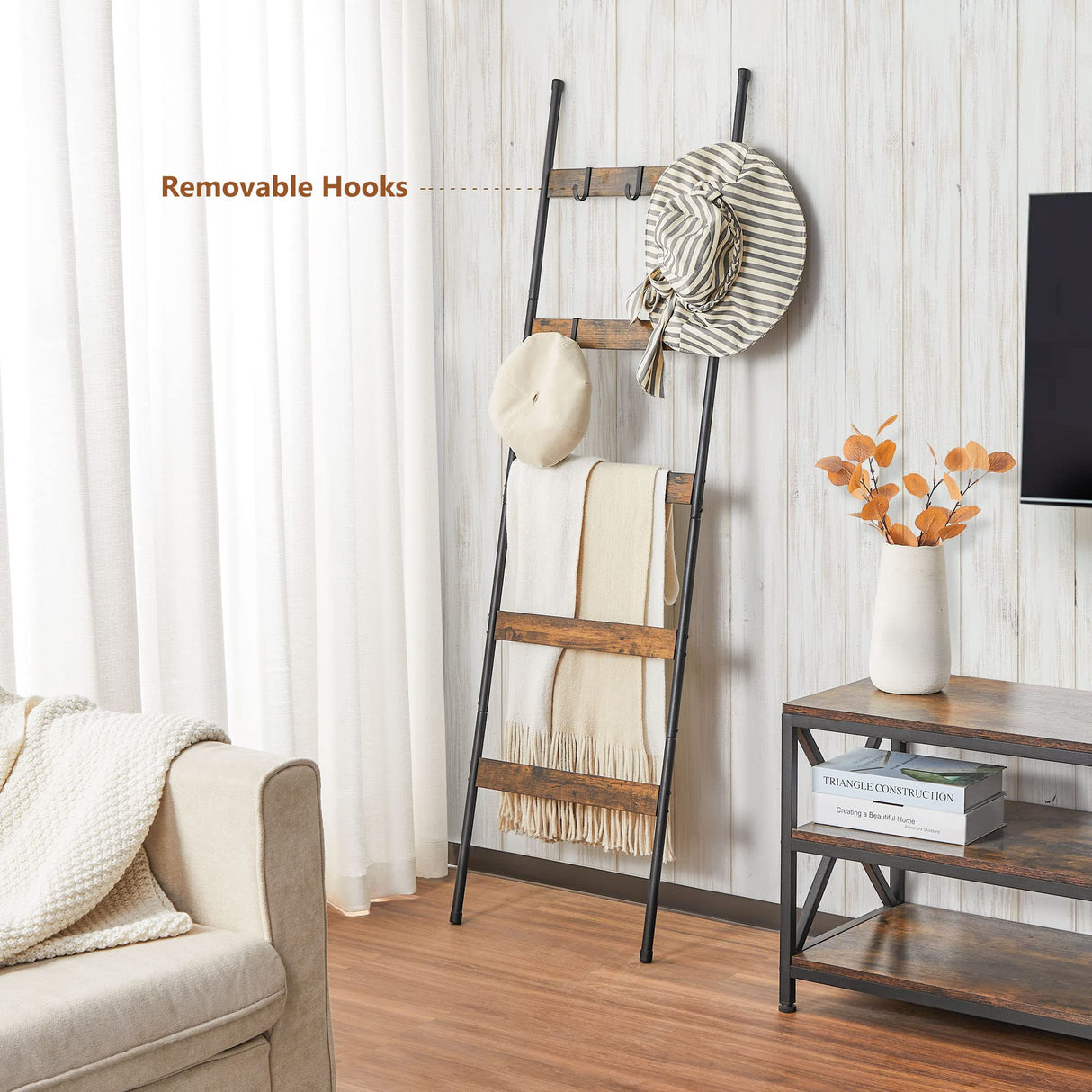 ELYKEN Blanket Ladder for Living Room, Farmhouse 5 -Tier Quilt Holder with 4 Removable Hooks for Bathroom, Wood Towel Rack Display, Wall Anchor Leaning Decorative Stand for Home Decor, Rustic Brown ELYKEN