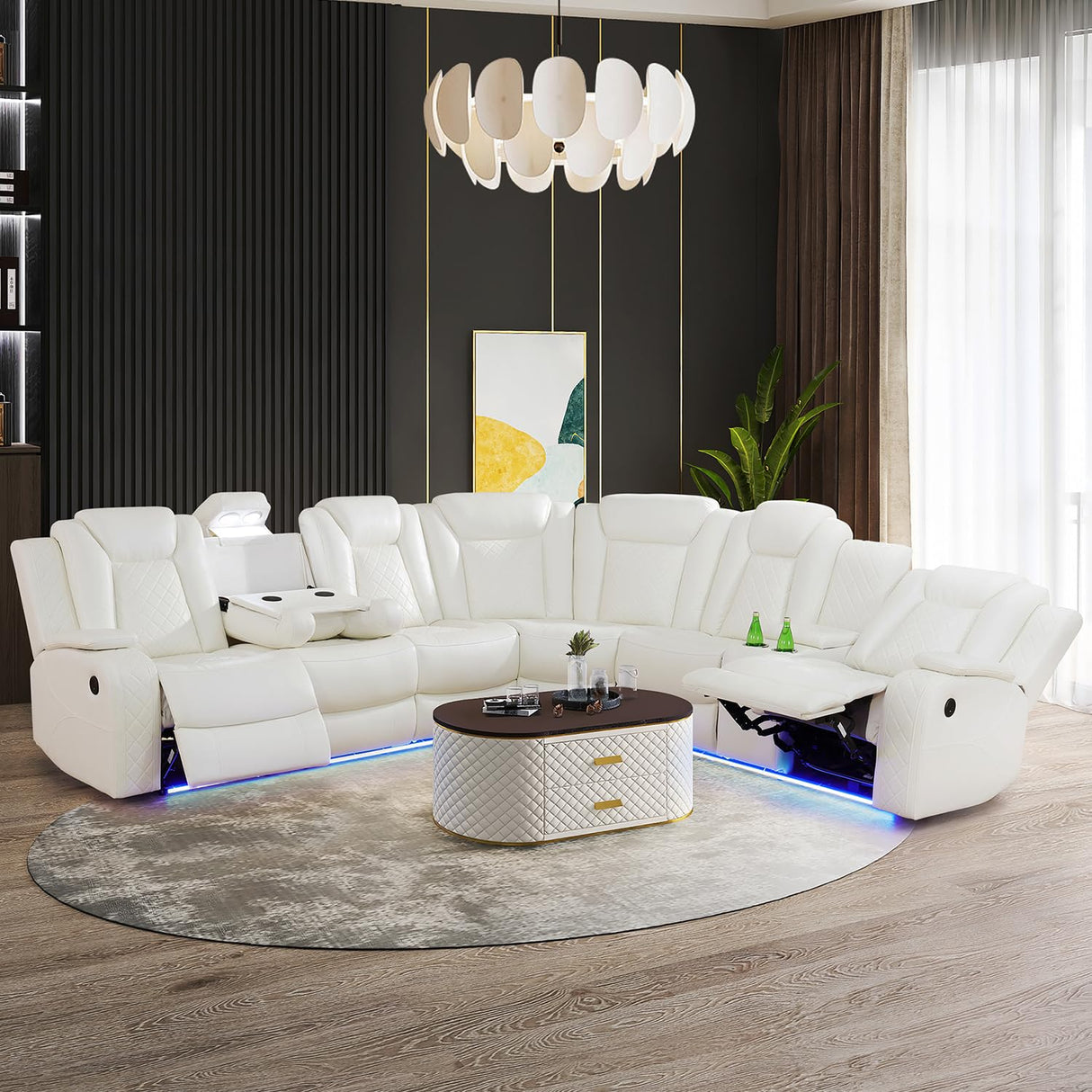 SIENWIEY Power Reclining Sectional Sofa Set with LED Lights, Vegan Leather Recliner Sectional Couch for Living Room Furniture,Wireless Charging/USB Charging/Reading Lamp/Armrest Storage,White SIENWIEY