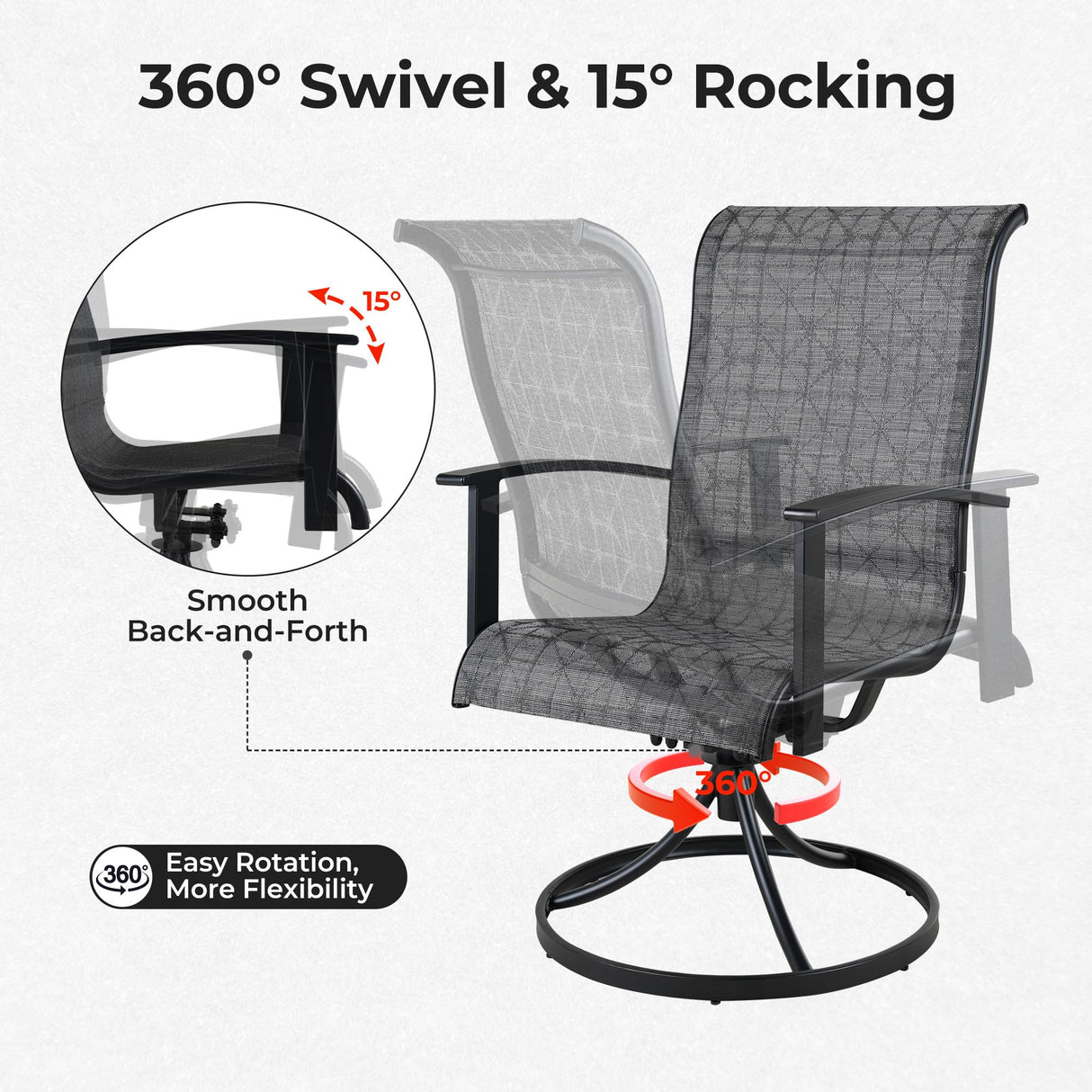 Grand patio Outdoor Swivel Dining Chairs 6-Piece Patio Dining Chair Set Mesh Sling Patio High Back Swivel Rockers, Black & Grey Plaid Grand patio