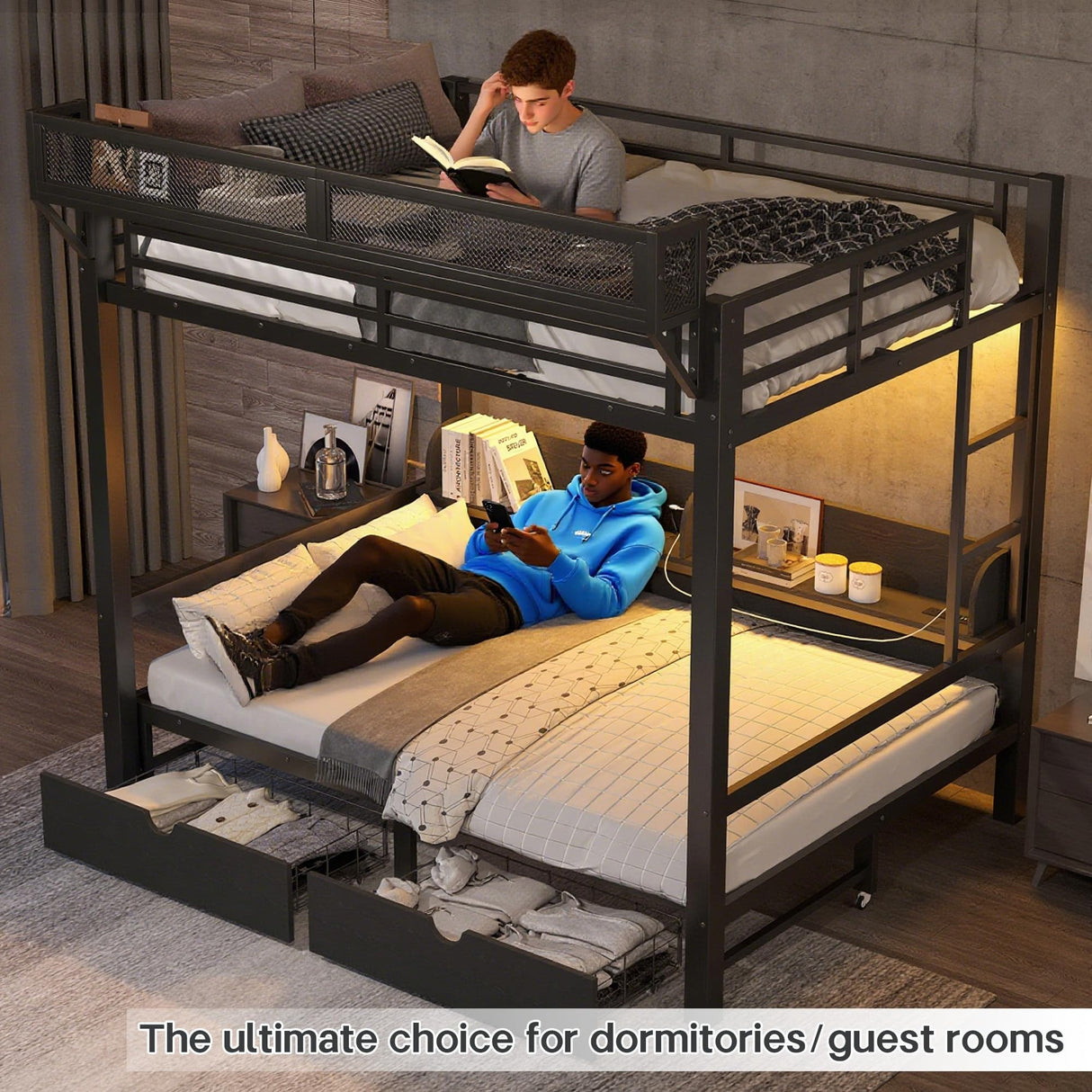Full over Full Bunk Bed with Storage Shelves and Drawers, Metal Bunk Beds with Lights and USB Ports, Lower Bunkbed Can be Converted, for Guest Room, Bedroom, Dorms, Muti-function and Noise-Free, Black Bellemave