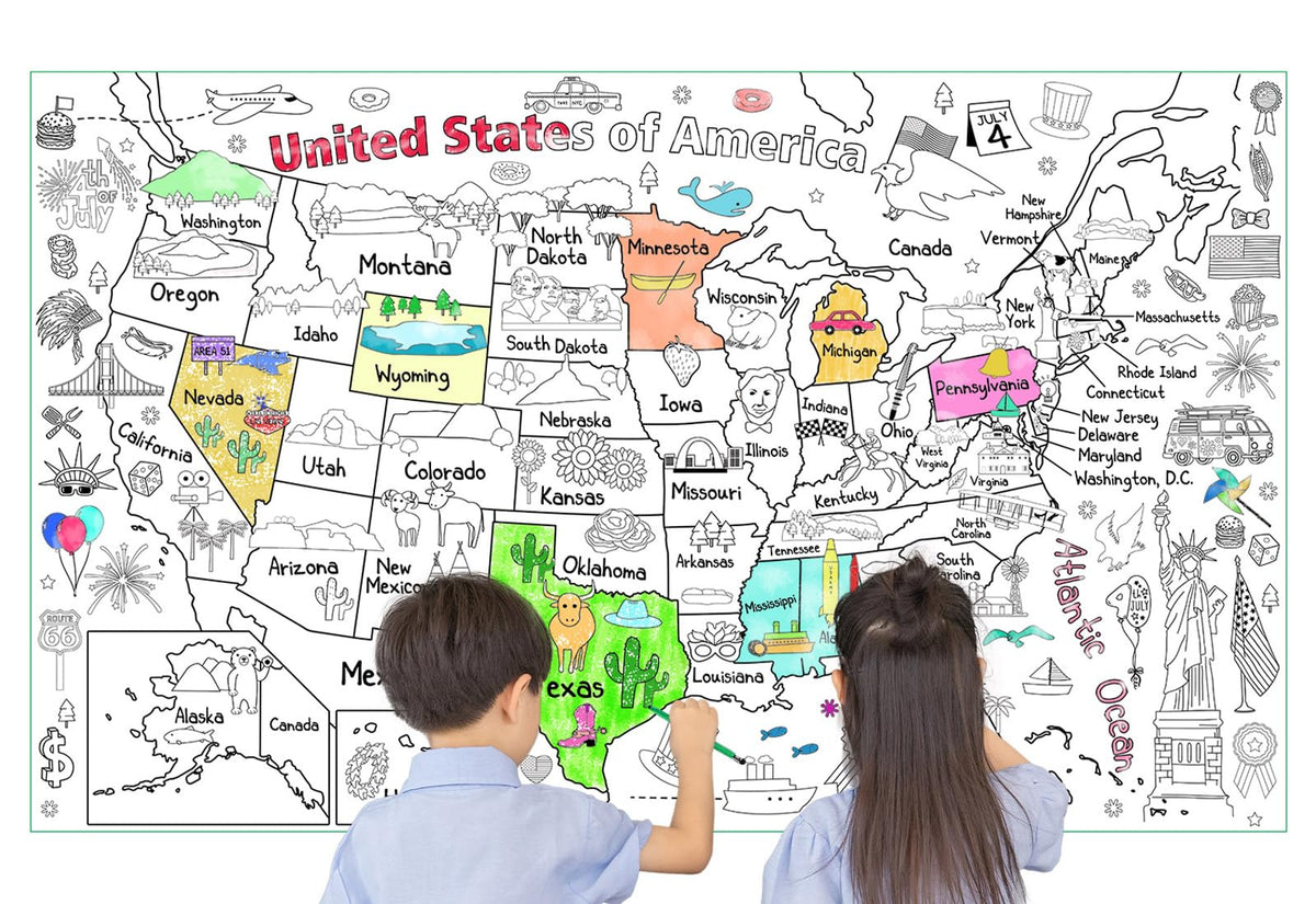 Licidecopai 54x33 Inch US Themed Giant Coloring Poster for Kids - Large US Map Coloring Table Cloth for Children's Birthday Party Licidecopai