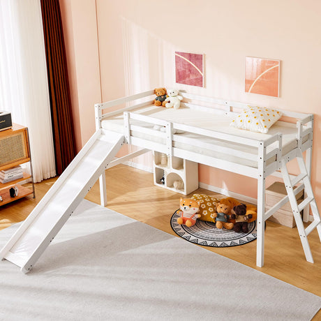 VINGLI Loft Bed with Slide, Twin, Space Saving Kids Low Loft Bed with Guardrail and Ladder, Pine Wood and Sturdy Bed Frame for Boys and Girls, White VINGLI