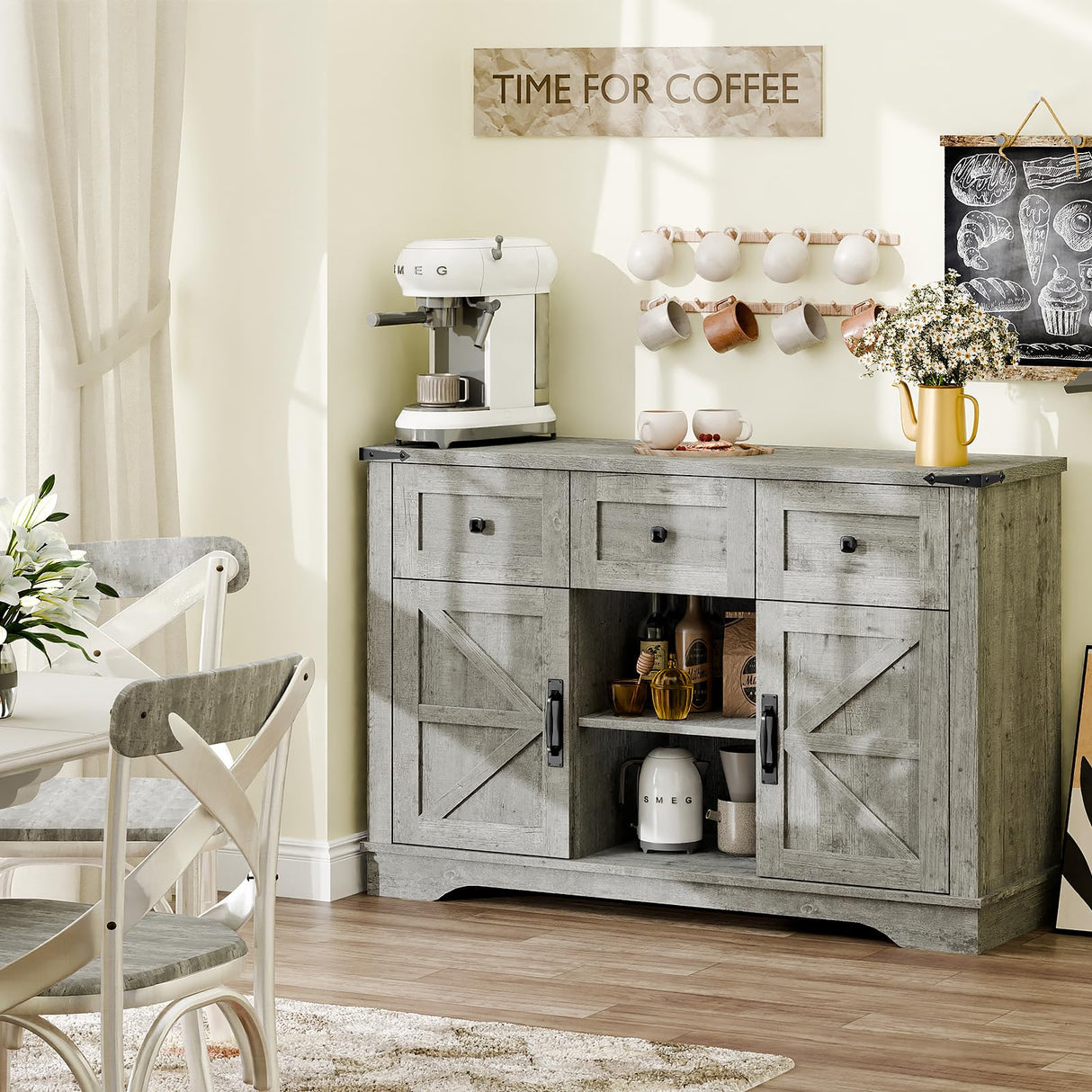 47" Farmhouse Buffet Cabinet with Storage, Barn Doors Sideboard Buffet Storage Cabinet with 3 Drawers and Shelves, Wood Coffee Bar Cabinet for Kitchen, Dining Room, Living Room, Gray Vabches