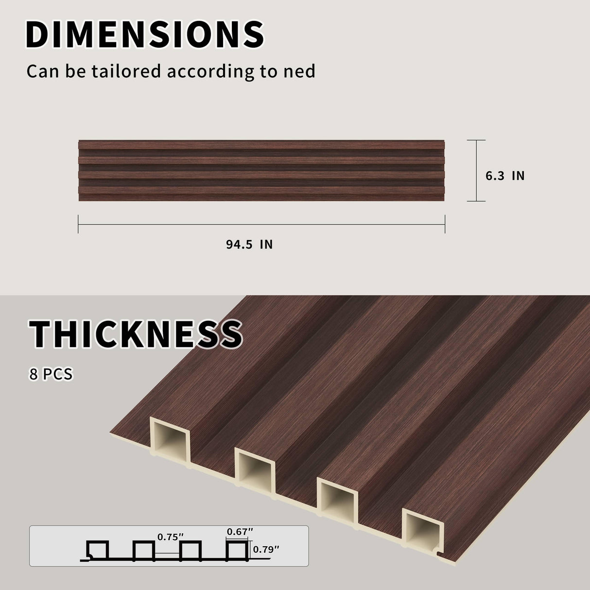 POHARE WPC Slat Wall Panels, 8 Pack Accent Decorative Acoustic Wood Slats for Wall and Ceilings, Acoustic Panels for Interior Wall Modern Décor, Walnut, 95 x 6 in POHARE
