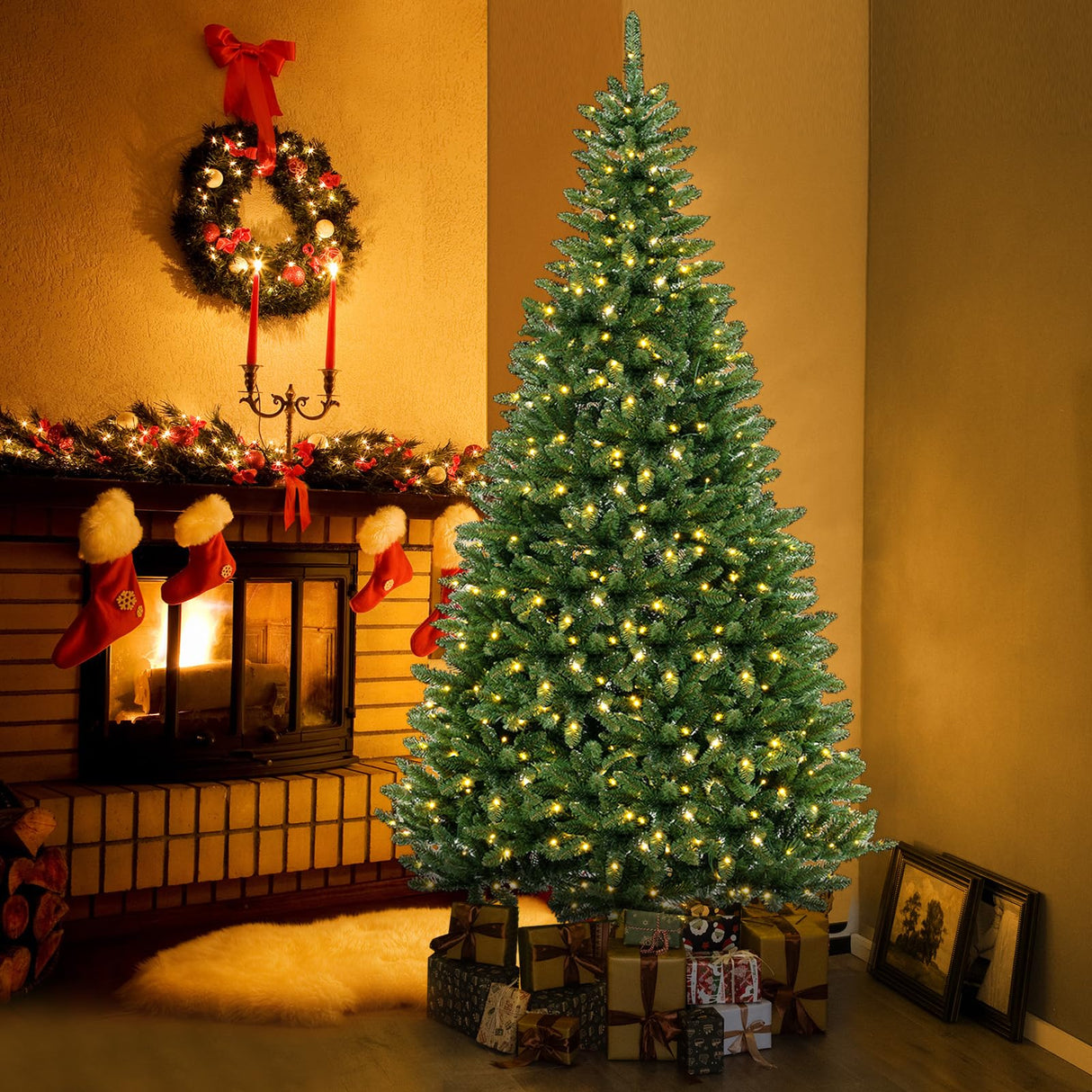 Goplus 8 FT 270° Pre-Lit Corner Christmas Tree for Wall, Artificial Hinged Xmas Tree with 360 Warm White LED Lights, 1137 Branch Tips, Folding Metal Stand, Festive Decoration for Small Space Goplus