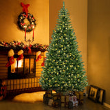 Goplus 8 FT 270° Pre-Lit Corner Christmas Tree for Wall, Artificial Hinged Xmas Tree with 360 Warm White LED Lights, 1137 Branch Tips, Folding Metal Stand, Festive Decoration for Small Space Goplus