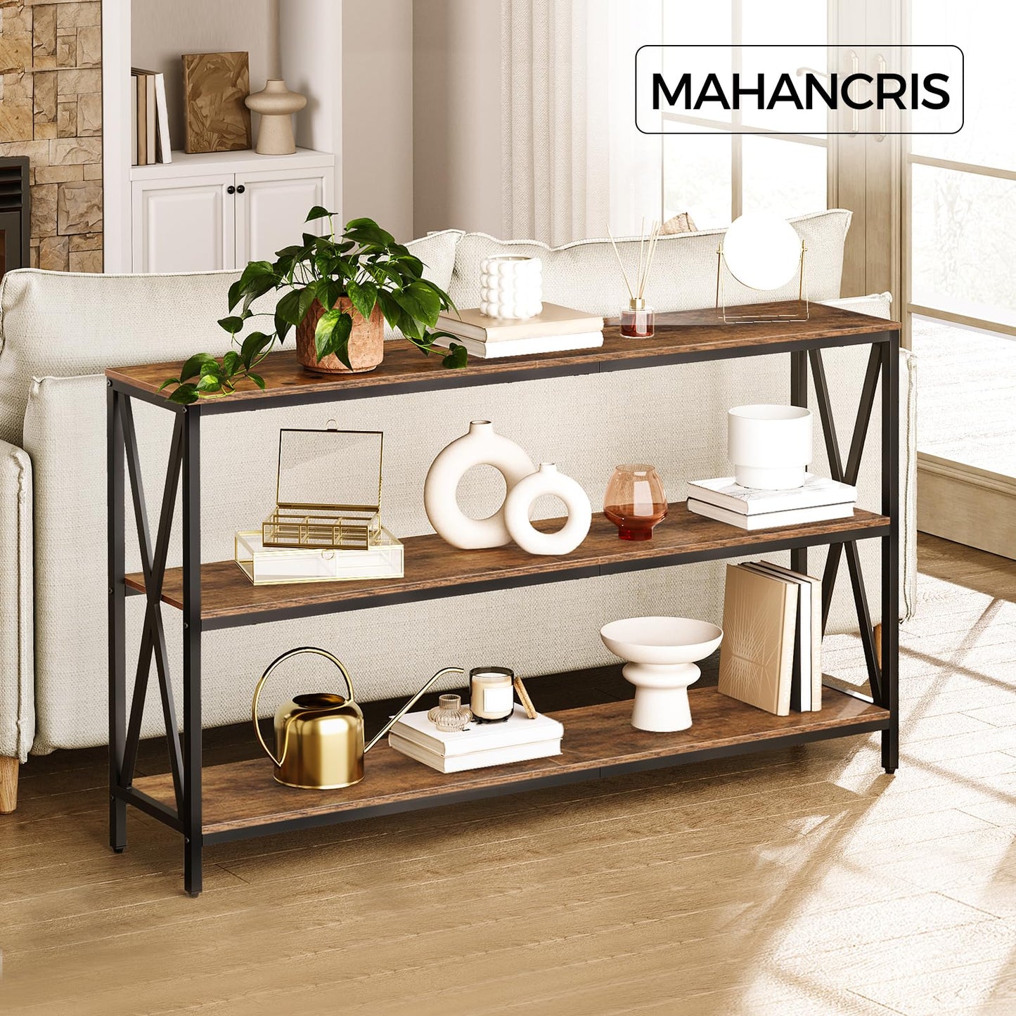 MAHANCRIS 55" Sofa Table, Industrial Console Table, 3-Tier Narrow Side Table with Open Shelves, Foyer Table for Entryway, Hallway, Kitchen, Living Room and Bedroom, Rustic Brown CTHR80401