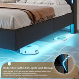 busyaeh Dark Gray Floating Bed Frame Queen with Hidden Storage, Charging Station & LED Lights busyaeh